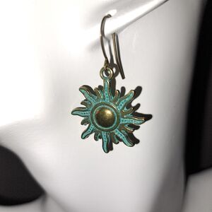 Green Patina and Golden Bronze Celestial Sunburst Earrings